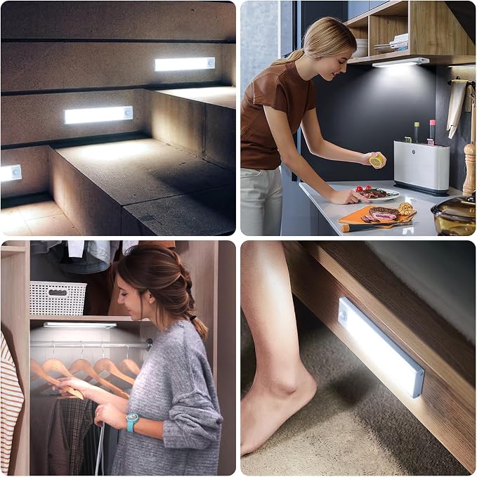 12 inch Under Cabinet Lighting, 6 Pack Motion Sensor Light Indoor Rechargeable Magnetic Closet Lights Battery Operated, Under Counter Lights for Kitchen, Wardrobe, Hallway, Stairs White Light