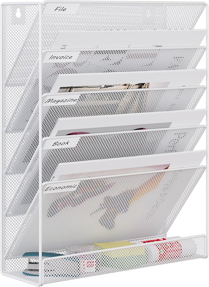 EasyPAG 5 Tier Wall File Holder, Mesh Hanging Folder Organizer with Classify Label, Versatile Desk File Holder, Vertical Wall Mounted Mail Organizer for Office Home Cubicle, White