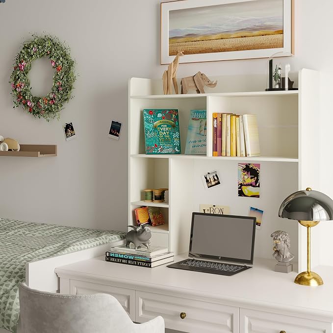 ChooChoo Desktop Bookshelf, 36.4" DormDesk Hutch with 5 Shelves | Countertop Desk Hutch, 1 Drawer,for Computer Desk, Desk Shelf Organizer, Dorm Office Home, White