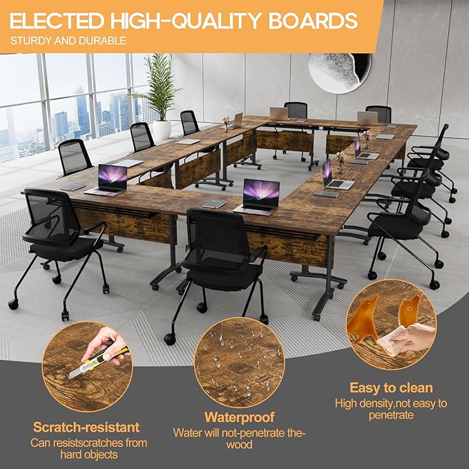 Folding Conference Table 4ft 5ft, Foldable Office Meeting Desk for 6 People, Multiple Sizes Colors Mobile Conference Room Table for Training Room School Business Furniture (6, Brown, 71in)