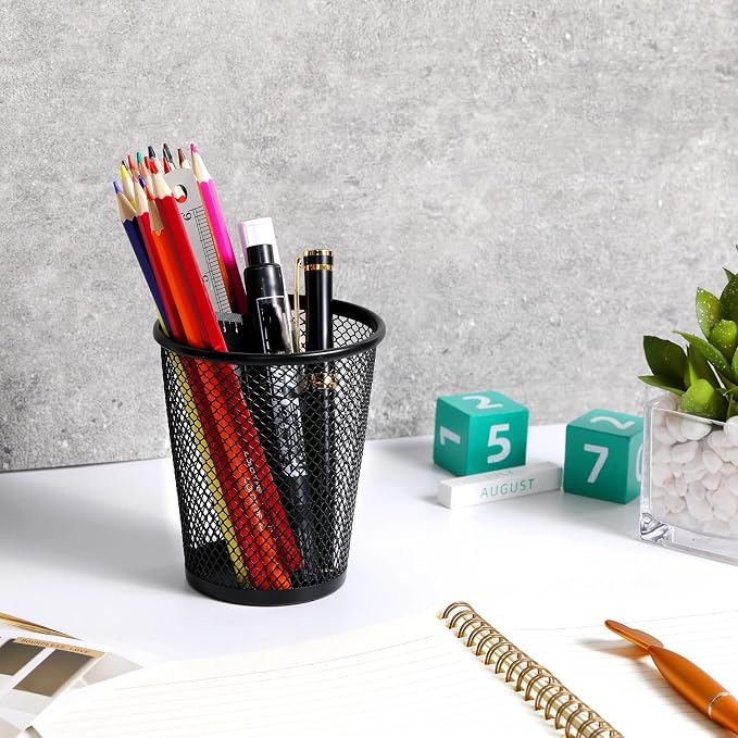 Leelosp 6 Pcs Pen Holder Mesh Pen Cup Bulk Metal Pencil Cup Holder for Desk Black Organizer Round Office Classroom for Back to School Students Kids Adult