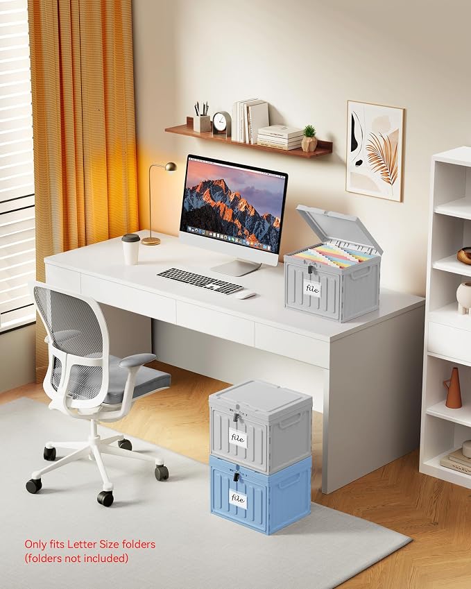 Oterri Lockable Stackable Plastic File Box with Lid for Letter-Size | Hanging File Folders Not Included. Grey, Large 2-Pack. Home, Office, Classroom, Dorm, Tax, Under Bed, Filing Cabinet.