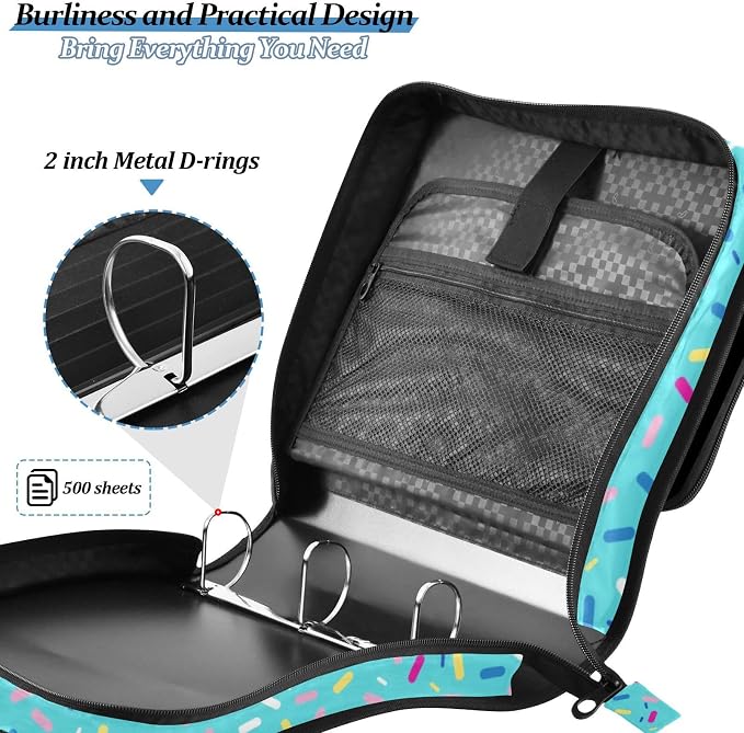 Teal Blue Ice Cream Print 3 Ring Binder Bag 1.5 inch Binder Organizer with Zipper Shoulder Strap 500 Sheet Documents Storage for School Office