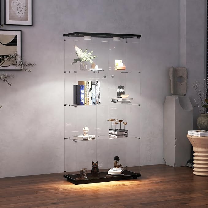 Frameless Glass Display Cabinet, Curio Cabinet Display Case with LED Lights and Lock, 2 Doors Quick-Install Floor Standing Showcase Display Shelf for Collectibles, Legos, Figures, Plants