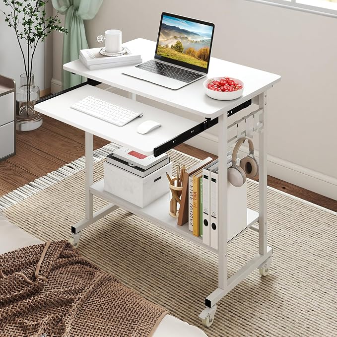 GIANTEX Rolling Computer Desk, Mobile Portable Desk with Keyboard Tray & Wheels, Laptop PC Table Cart with Shelf & Hooks, Industrial Small Desk for Small Spaces, Home Office, Bedroom, White