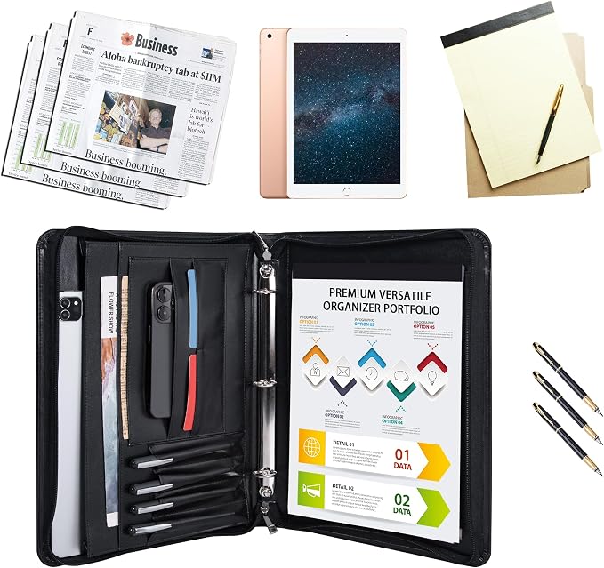 Black Vegan Leather Binder Portfolio for Women and Men,3 Ring Portfolio Binder with Zipper, A4 Planner Padfolio with Laptop Pocket,Legal Size Folio,Work padfolio Organizer for Women