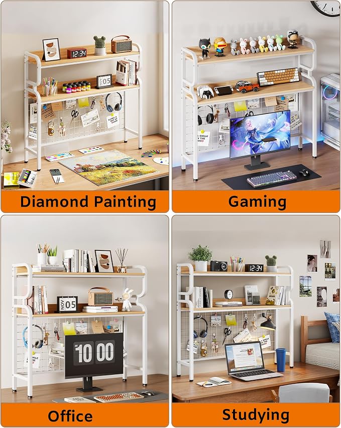 BYMECOST 38.6" Desktop Hutch Bookshelf,2-Tier Desk Shelf with Pegboard | Heavy-Duty Desktop Bookcase With Grid Panel and Hook, Desk Hutch for Computer in Offices or Dorms