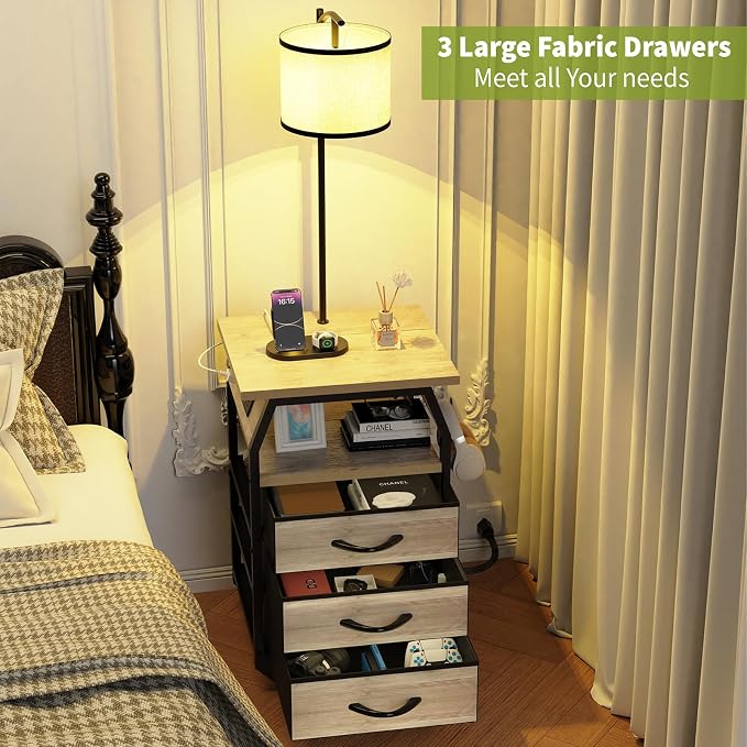runjuly Floor Lamp with Table Set of 2, End Tables with Lamps Attached 3-Color Temperature Bulb, Side Table with Lamp with 3 Drawers & Charging, Lamps Tables Combo for Bedroom, Dorm Apartment - Greige