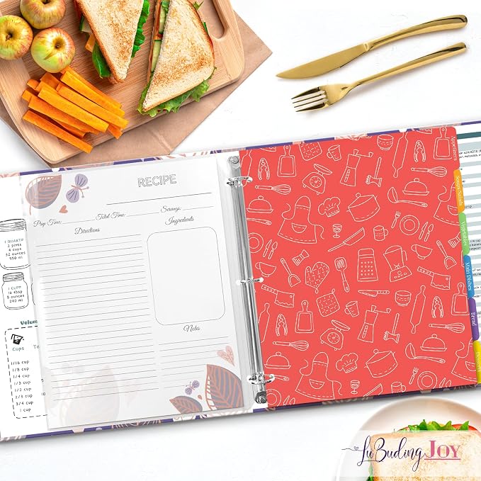 Recipe Binder with Plastic Sleeves, 8.5x11 3 Ring Blank Recipe Book Binder | Premium recipe binder kit with waterproof cover, sleeves, cards, dividers and gift box for preserving recipes-Iris Violet.