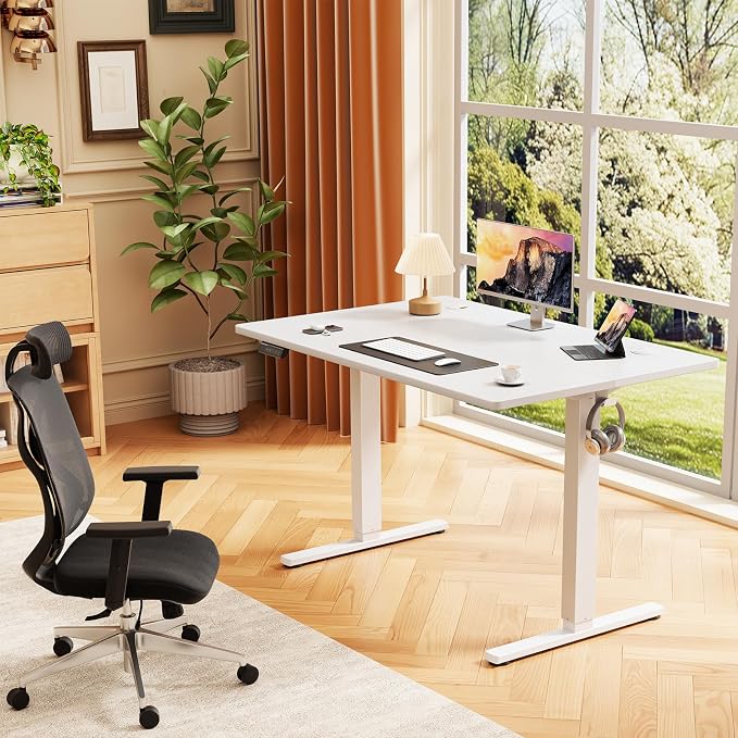 Sweetcrispy Electric Standing Desk, Computer Desk, 40x24 Inch | Adjustable Height, Splice Wood Board, 3 Memory Preset, Sit Stand Work Table for Home Office, White