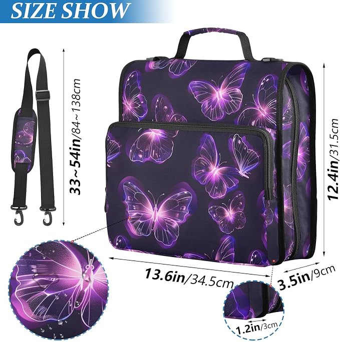 Butterflies Purple Neon 3 Ring Binder Bag 1.5 inch Binder Organizer with Zipper Shoulder Strap 500 Sheet Documents Storage for School Office