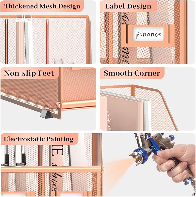 Desk Organizers Metal Desk Magazine File Holder with 5 Vertical Compartments Rack File Organizer for Office Desktop, Home Workspace, Rose Gold, Plus