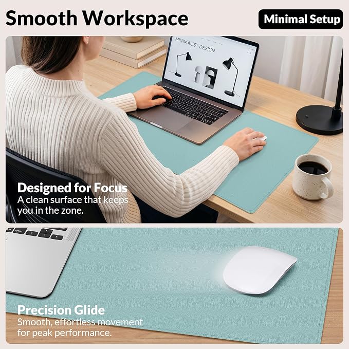 AFIING Leather Desk pad Protector, Light Blue, 35.4" x 17" | Dual-Sided Cork & PU Leather, Non-Slip, Waterproof, Large Mouse Pad for Office, Home & Gaming