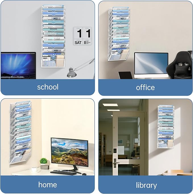 14-Tier Wall File Organizer and Hanging File Organizer, White | Wall Organizer and Wall Mounted File Holder with 14 Pockets and Label Panels for Files, Mail, Folders, Magazines and Paper