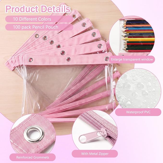 24 Pack Pencil Pouches for 3 Ring Binder Bulk Enlarge Clear Window Pencil Pouches Zipper Pen Case 3 Reinforced Grommet Pen Bag for Binder Utensil Organize Office Supplies(Pink)