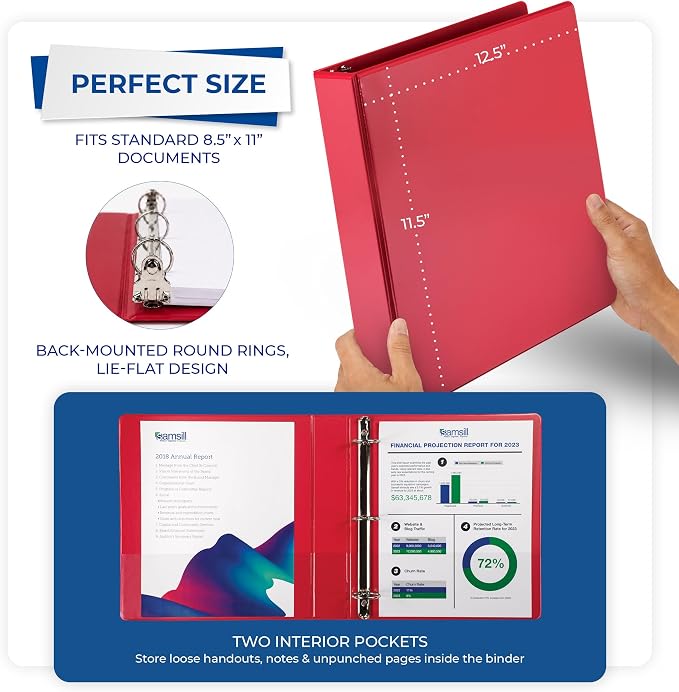 Samsill 1.5 Inch 3 Ring Binders, Economy Round Ring, Clear View Cover, 325 Sheet Capacity - for School, Home, Office - Red, 4 Pack