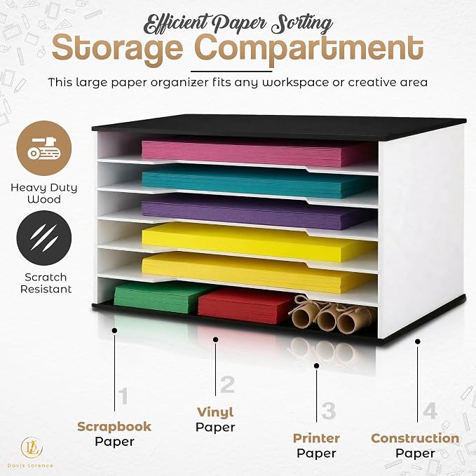 12x18 Construction Paper Organizer, 6-Tier Wooden Flat File for 11x17 & A3 Sheets | Large Durable wood composite organizer Paper Storage for Classroom, Office & Art Room | Black & White|