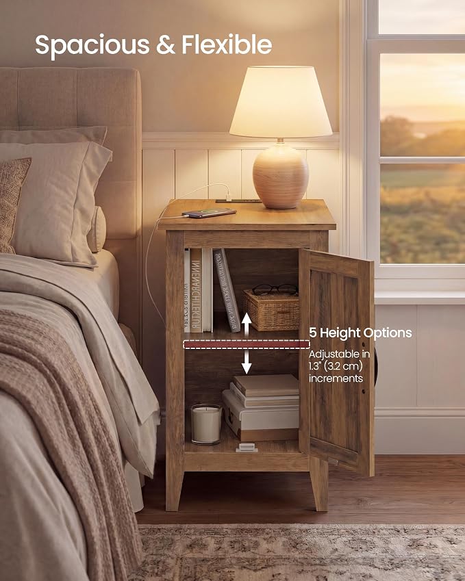 VASAGLE Side Table with Charging Station and Storage Cabinet, Nightstand | Farmhouse Narrow End Bedside Table for Living Room Bedroom Office, Warm Brown, LIRY Collection ULET131K101S