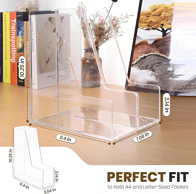 2-Pack Clear Acrylic Magazine File Holder, Vertical File Folder Holder, Acrylic Desk Organizer, Magazine Holder, Bookshelf Desk Office, Folder Organizer Document Rack + Phone Holder