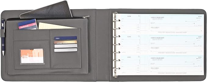 2Fold Business Check Binder 7 Ring for 3-Up Business Size Checks with Extra Business Card Case - PU Leather Deluxe 7 Ring Checkbook Binder Portfolio with 600 Check Capacity and Storage