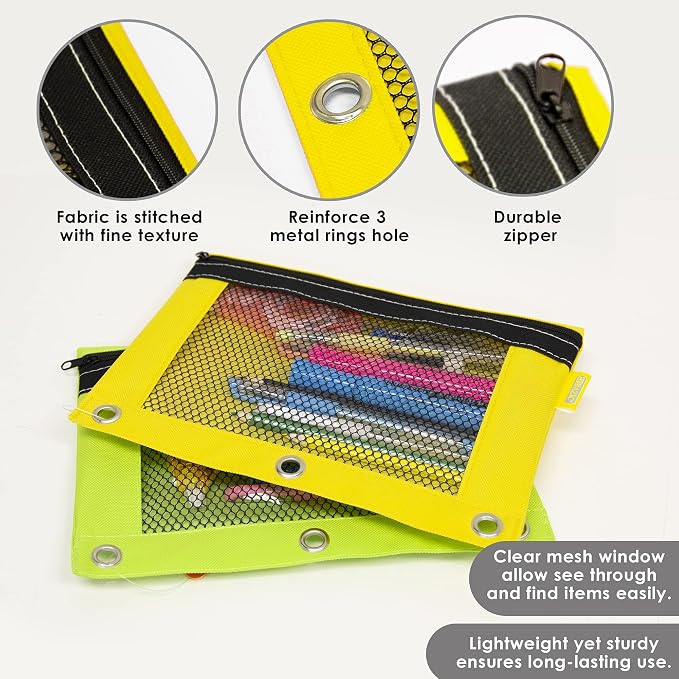 BAZIC PRODUCTS Bright Color 3-Ring Pencil Pouch with Mesh Window | clear mesh window and a zipper closure for pens, pencils, supplies