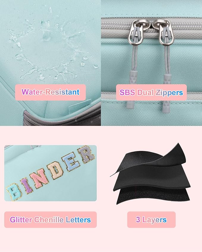 3 Ring Zipper Binder 3 Inch D Rings with Double Water Bottle Holder | Cute Initial Water-Resistant Zip Up Binder for School Office, 700-Sheet Capacity & Shoulder Strap & Laptop Pocket,Light Blue