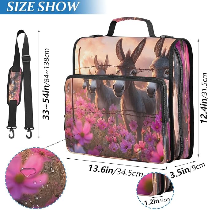 ALAZA Zipper Binder 3 Ring Donkeys Flowersea Animal Binder Organizer with Zipper and Shoulder Strap Large Capacity Multi-Pocket Trapper Keeper File Folder for Office Supplies