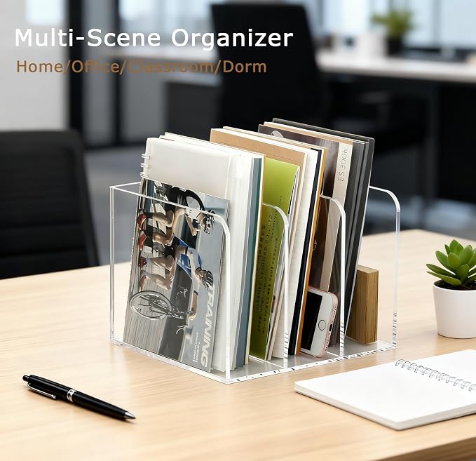 Acrylic Desk File Organizer, 3-Section Vertical File Folder Rack,Clear | Desk Organizer for Documents, Tablets, Magazines, Books & Accessories, Ideal for Office, Home & Classroom