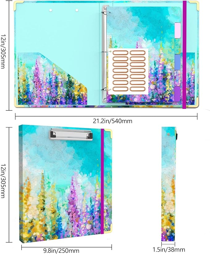 3 Ring Binder 1 Inch Ring, 2 Interior Pockets, 5 Tab Dividers, Low Profile Clipboard with Storage, Fashion Cute Binder and Labels Stickers for School Office (Purple Oil Painting)