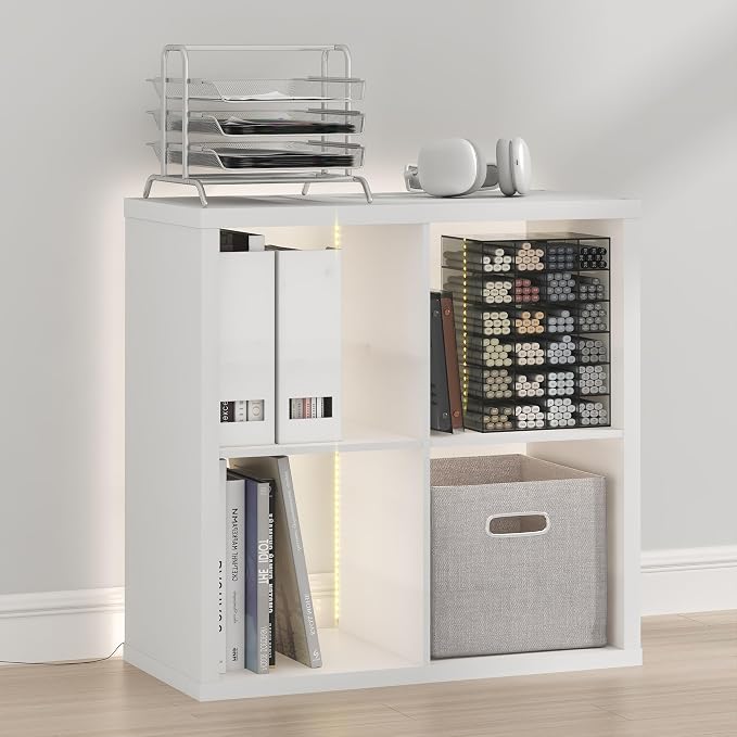 Furinno Cubicle Book Shelf with LED Lights, 4-Cube Bookshelf, Reversible Extra Thick Frame Bookcase, Display Storage Shelves, for Living Room, Bedroom, Home Office, White