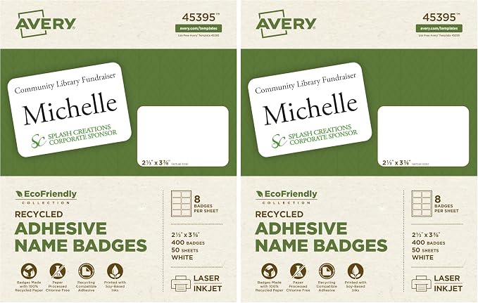 Avery EcoFriendly Recycled Name Tags, 2-1/3" x 3-3/8", White, Removable Adhesive, 400 Printable Name Badges (45395) (Pack of 2)