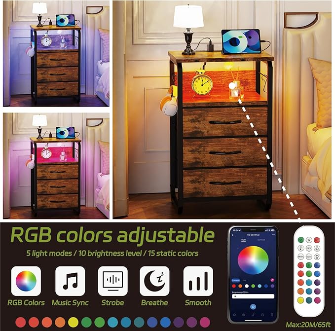 runjuly End Tables Set of 2 with Charging Station, LED Lights, Hooks, Brown | 3 Large Fabric Drawers, USB C Ports & Power Outlets, Metal Night Stand Pair, Storage Nightstand for Living Room / Bedroom