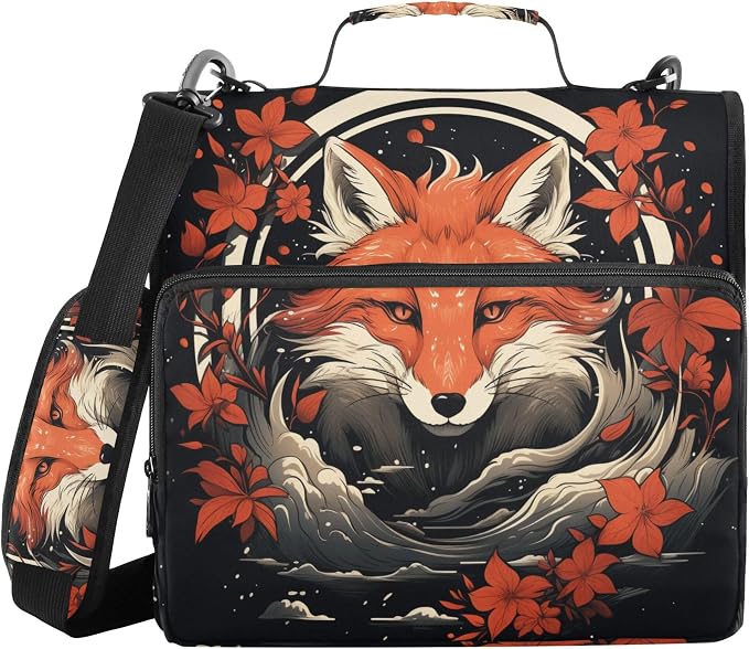 MNSRUU 3 Ring Binder Bag, 2 Inch D-Rings Easily Organizes 1 Inch Fits Letter Sized Paper, Fox and Flowers Large 3 Hole Zipper Binder Organizer for School Office Supplies