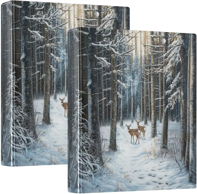 Deer in Snowy Winter Forest Animal Tree 3 Ring Binder 1.5" Decorative D-Ring Binder with Clipboard&3 Clear Pockets, Holds 200 Sheets A4 Size Paper Waterproof Binders for School Home Office