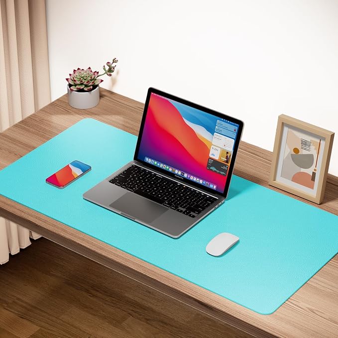 Boutilon Leather Desk Pad Protector,Laptop Desk Pad,Office Mouse Mat,Waterproof Leather Desk Blotter,Desk Writing Pad for Office and Home (M-Bright Blue,30"x14")