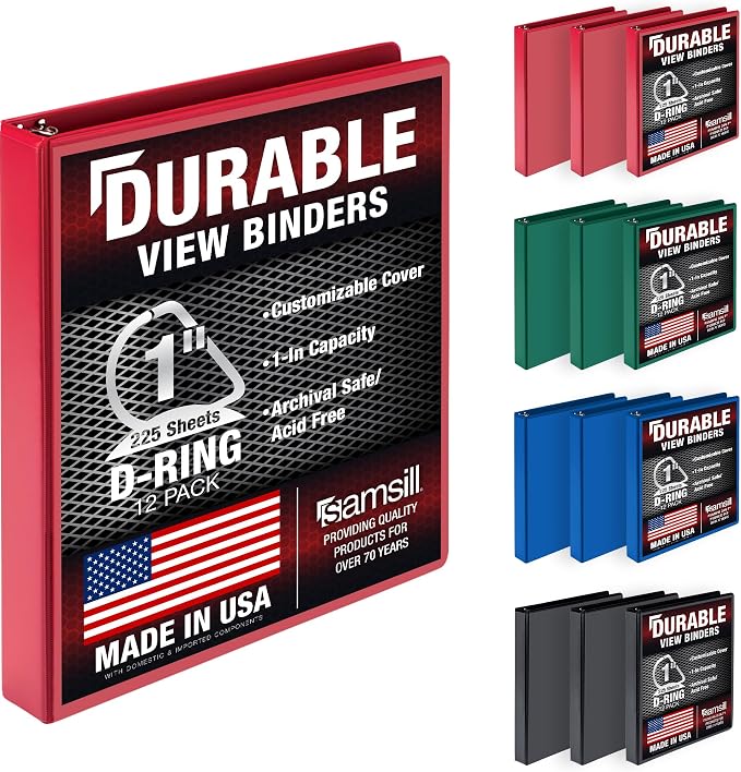 Samsill Durable 1 inch 3 Ring Binder, D Ring Binder, Customizable Clear View Cover, Basic Assortment, 12 Pack