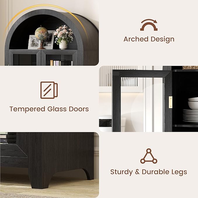Vlsrka 71" Arched Kitchen Pantry Storage Cabinet with Glass Doors | 5-Tier Display Cabinets for Collectibles, Tall Bookcase with LED Light & Motion Sensor, Curio Cabinet with Adjustable Shelf