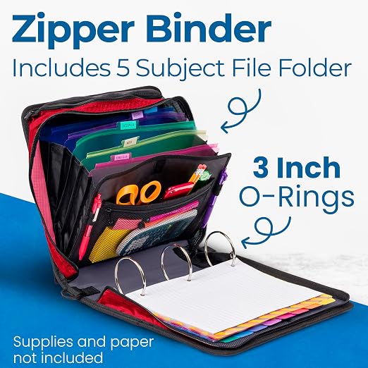 Case-it School Zipper Binder | 3" O-Rings | 600-Sheet | D-146 Unicorn Magic | Mighty Zip Tab, 5-Subject Expanding File Folder, Multiple Pockets, Storage Organizer, Shoulder Strap, Office