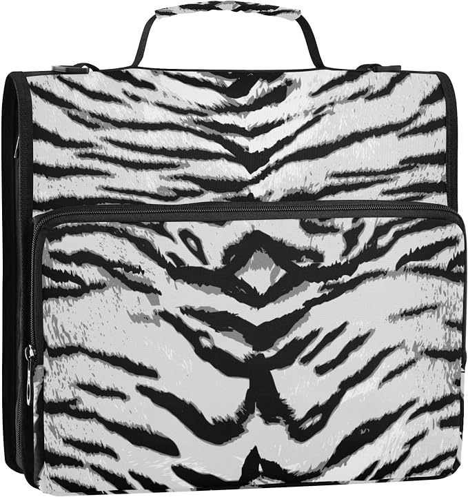 Fisyme White Tigers Print Zipper Binder 3 Ring with Zipper and Shoulder Strap Large Capacity Multi-Pocket Binder Organizer