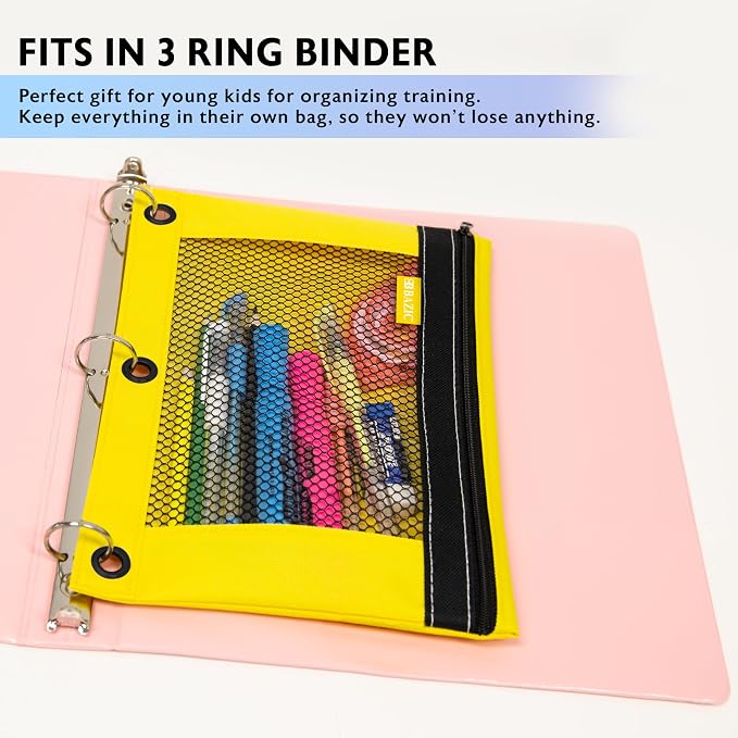 BAZIC PRODUCTS Bright Color 3-Ring Pencil Pouch with Mesh Window, 144-Case | clear mesh window and a zipper closure for pens, pencils, supplies