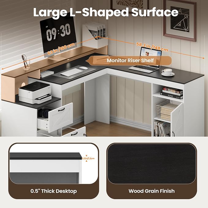 MALOL 63" Farmhouse L Shaped Executive Desk, Corner Computer Desk with Drawers & Storage Shelf, Home Office Desk with Power Outlet, Monitor Stand, Wood Grain Desktop, Black & Rustic Brown