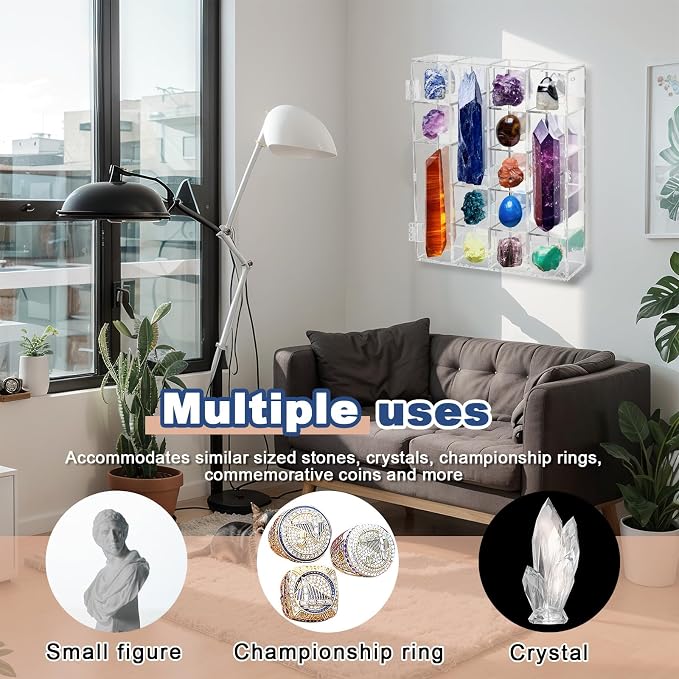 Cinnvoice Rock Display Case 20 Grids,Transparent Border, Square | Adjustable Acrylic Display Case, Crystal Organizer for Collectible, with Built-in Mirrored, Magnetic Door, Wall Mount