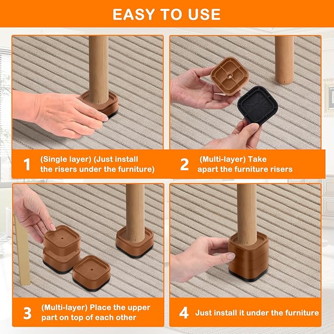 shouwuhho 4 Pack Furniture Risers Adjustable Bed Risers Heavy Duty Lifts Height 1", Square Stackable Bed Risers 1, 2 or 3 Inch for Desk Leg Table Couch Sofa Chair Bed Frame Legs Dorm, Brown