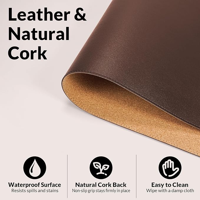 AFIING Cork Desk Mat, Coffee, 23.6" x 13.7",Desk Pad Protector | Dual-Sided & PU Leather, Waterproof, Non-Slip for Mouse Pad, Writing, Home Office& Laptop