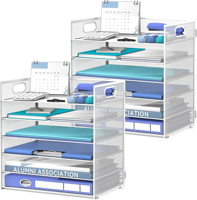 Daltack 6-Tier Paper Organizer for Desk with Handle, White, 2 Pack | Sturdy Metal Mesh Organizer with Movable Middle Trays and a Carry Handle for Papers, Folders and Office Supplies