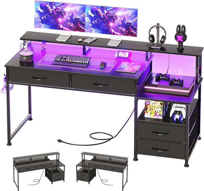 MUTUN 53" Computer Desk with 4 Drawers & Power Outlets, Reversible Home Office Desk with Monitor Stand & Printer Stand, Gaming Desk with Led Lights, Study Writing Work Desk Table for Bedroom (Black)