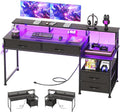 MUTUN 53" Computer Desk with 4 Drawers & Power Outlets, Reversible Home Office Desk with Monitor Stand & Printer Stand, Gaming Desk with Led Lights, Study Writing Work Desk Table for Bedroom (Black)