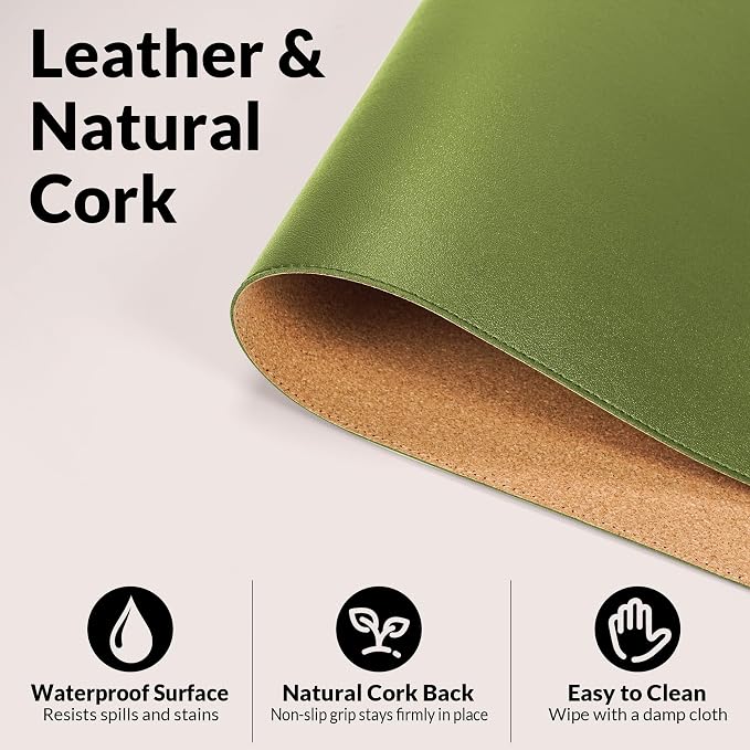 AFIING Cork Desk Mat, 35.4" x 17", Olive Green,Desk pad Protector | Dual-Sided Cork & PU Leather, Large Mouse Pad, Non-Slip & Waterproof