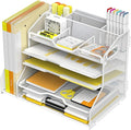 YINGHUA 5-Tier Mesh Desk Organizer and File Holder, Letter Tray - White | Sturdy steel mesh with 3 sliding trays, 2 handles, 6 adjustable top sections. U-shaped design for easy access to office files