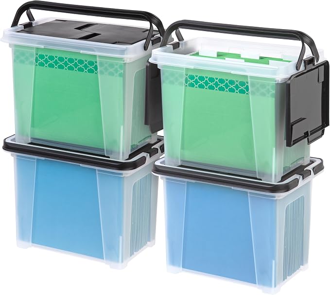 IRIS USA 4-Pack File Box Organizer with Wing Lid Letter/Legal 18 Qt, Clear | Organize letter and legal files, documents and paperwork with a wing lid for quick access and secure storage